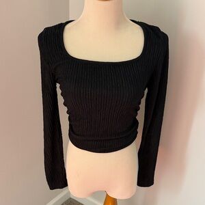 Black Ribbed Square-Neck Long Sleeve Crop Top
